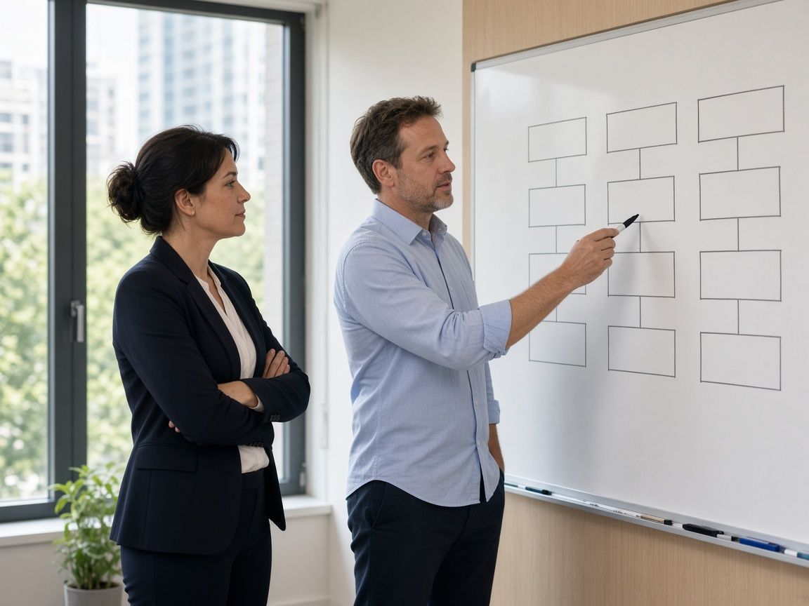 An analyst and a client reviewing a plan on a whiteboard