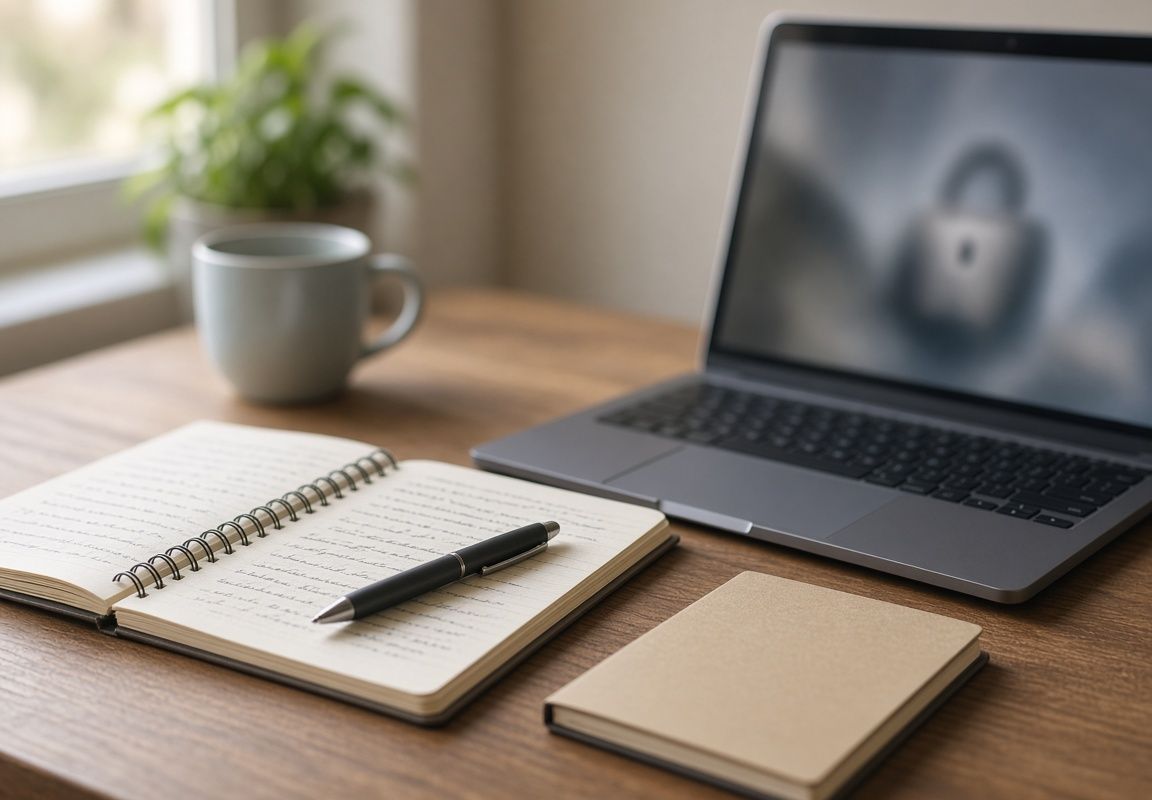 A padlock icon on a laptop screen beside a notebook