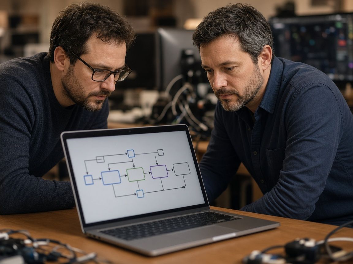Two engineers reviewing a pipeline diagram on a laptop